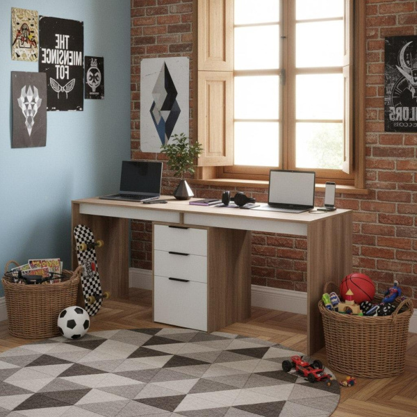 Стол для 2 детей Тандем 1800 мм (корпус дуб каньон + фасады белые)