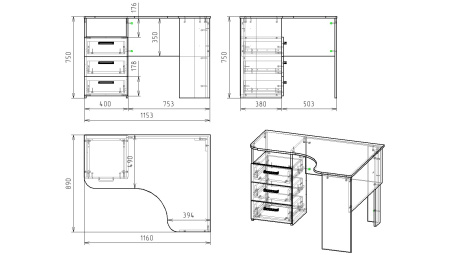 Стол угловой коллекции Престиж с 3 ящиками  от Династия Kids