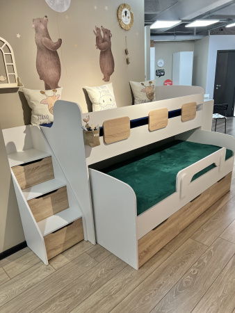 Кровать 2-х ярусная Городок 190х90 + 180х80  (дуб золотистый + белый) от Династия Kids