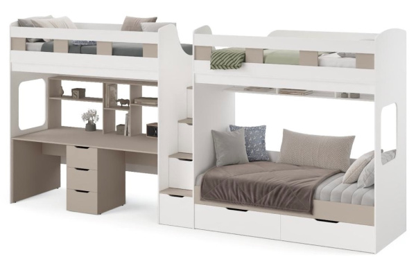 Кровать 3-х ярусная Квартет + стол для 2 детей (велюр + белый)