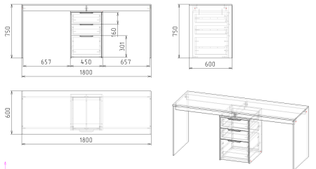 Стол для 2 детей Тандем 1800 мм (корпус дуб каньон + фасады белые) от Династия Kids