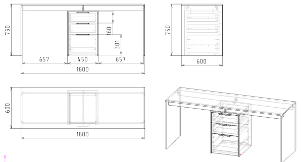 Стол для 2 детей Тандем 1800 мм (корпус дуб золотистый + фасады белые)  от Династия Kids