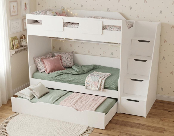 Кровать-чердак Мозаика-2 + кровать Двушка (цвет белый) 190х90 от Династия Kids
