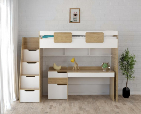 Комплект мебели: кровать-чердак Мозаика + Стол Мозаика + Тумба от Династия Kids