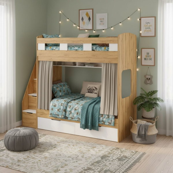 Кровать 2-х ярусная Твинс 190х90 (дуб золотистый + белый)