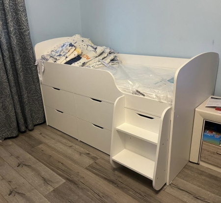 Кровать-чердак Малыш 7 (цвет белый) 160х80 с 4 ящиками от Династия Kids