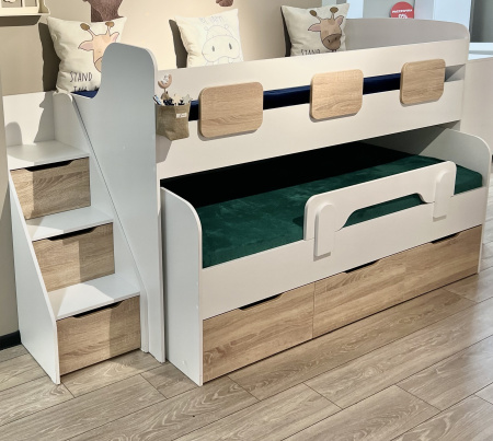 Кровать 2-х ярусная Городок 190х90 + 180х80  (дуб золотистый + белый) от Династия Kids