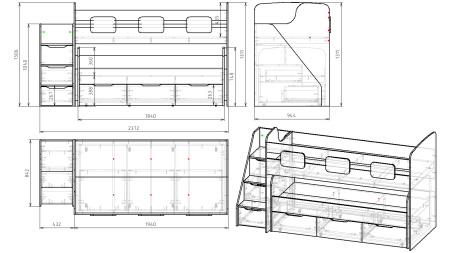 Кровать 2-х ярусная Городок 190х90 + 180х80  (дуб золотистый + белый) от Династия Kids