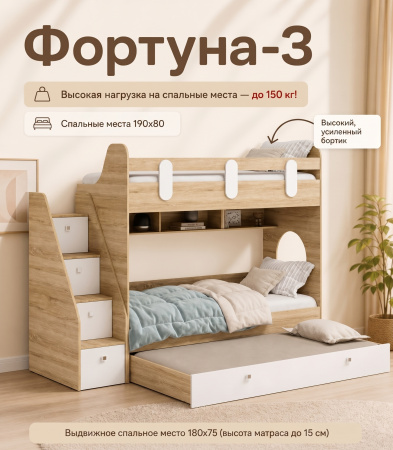 Двухъярусная кровать Фортуна-3 (цвет белый) 190х80 от Династия Kids